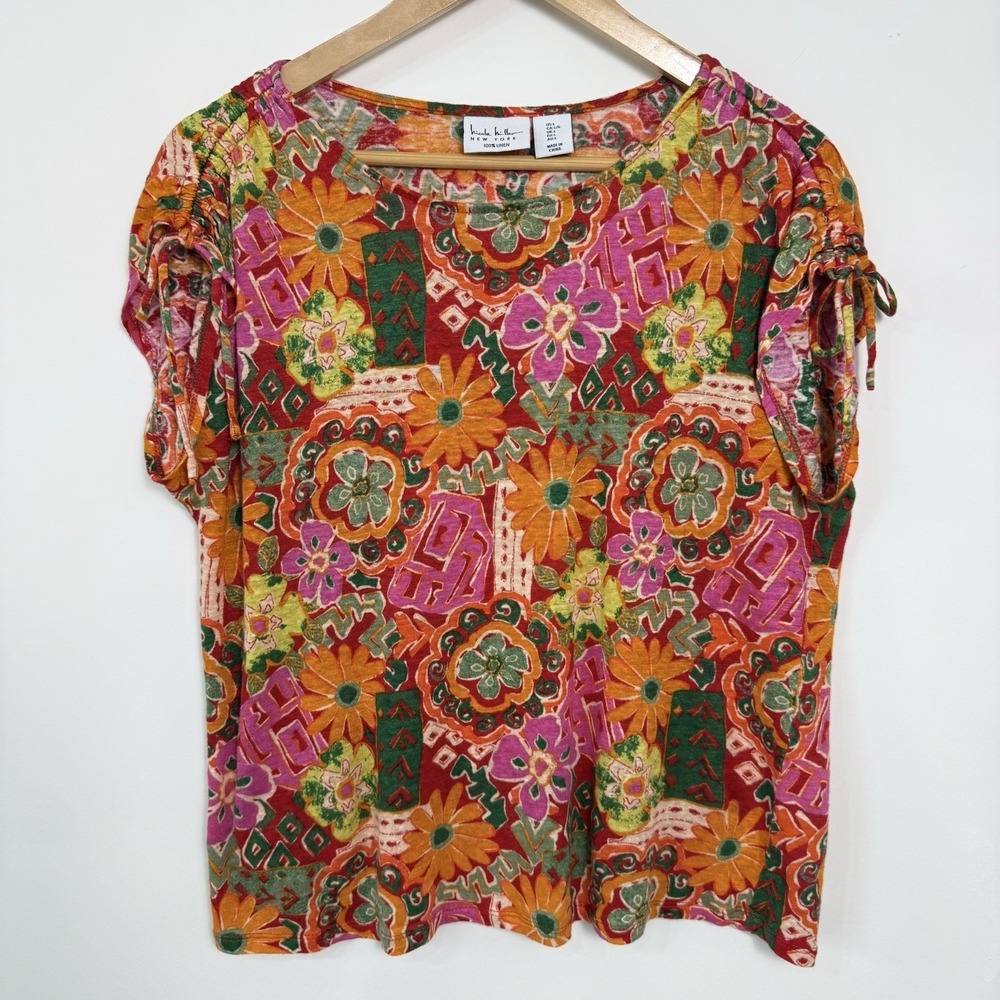 Nicole Miller Linen Floral Geometric Top Womens Large Red Orange Lightweight